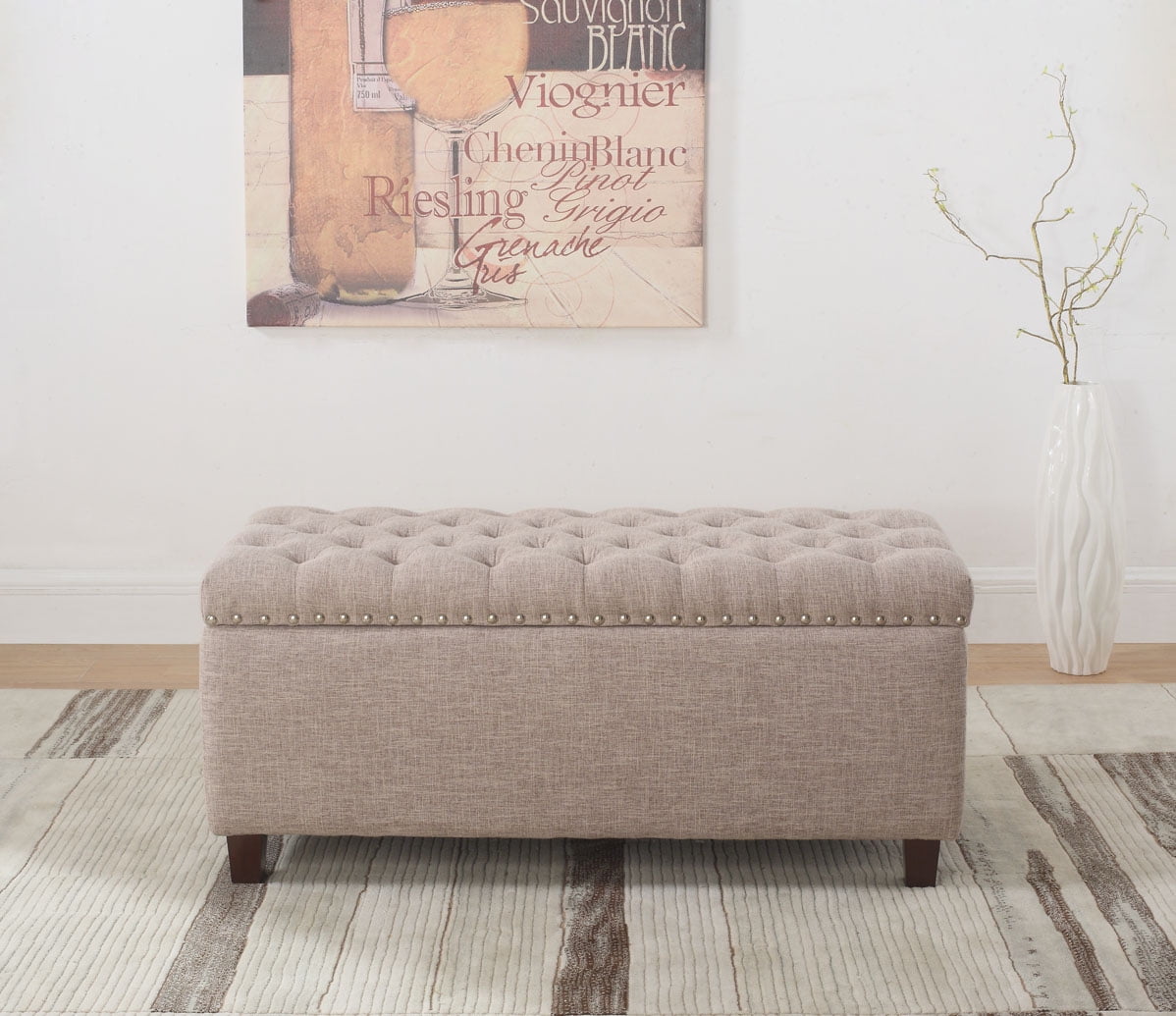 Button Tufted Storage Ottoman with Nailhead, Taupe Color