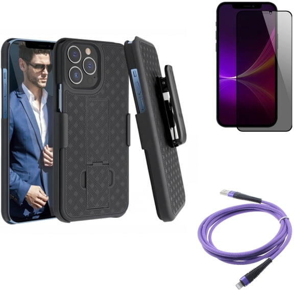 10ft USB Cable & Case Belt Clip & Privacy Screen Protector for iPhone 13 Pro Max ONLY - Purple Charger Cord Power   Holster Swivel Cover   Tempered Glass Curved Anti-Spy Combo