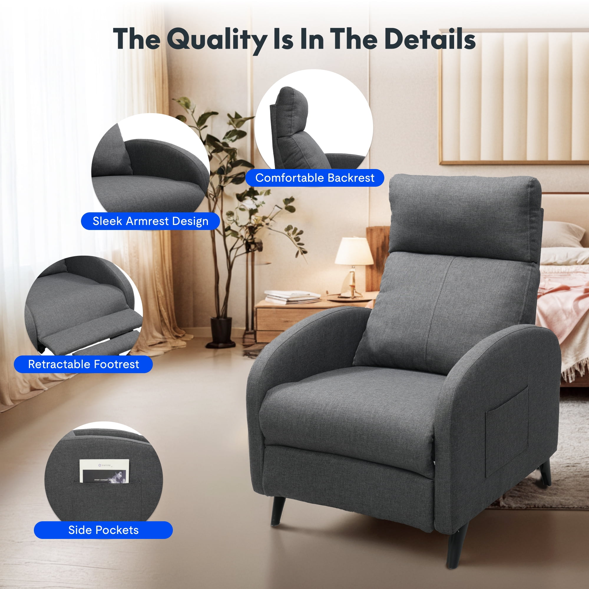 FLEXISPOT Pushback Recliner Chair Fabric Small Recliner Sofa Home Adjustable Reclining Chair Single Sofa with Padded Seat Backrest for Living Room,Gray