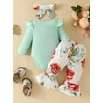 thumbnail image 2 of Bagilaanoe 3pcs Newborn Baby Girl Long Pants Set Letter Print Long Sleeve Romper Tops + Flower Flare Trousers + Headband 3M 6M 12M 18M Infant Casual Outfits, 2 of 8