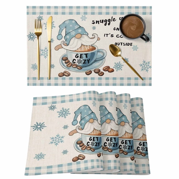 Placemats Set of 4, Blue Gnomes Woven Placemat, Linen Place Mats for Kitchen/Dining Tables, Coffee Snowflake Winter Checkered Rustic Washable Table Mats for Party