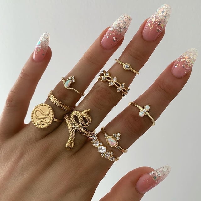 Anillos para mujer, regalos para mujer, moda femenina, juego de 9 anillos con hojas serpentinas geométricas, anillo ajustable