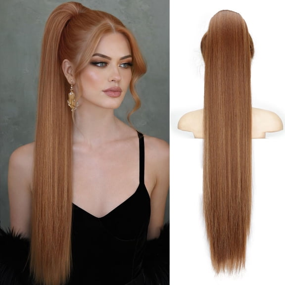 Drawstring Ponytail Extension, Long Straight Pony Tails Hair Extensions Natural Soft Clip in Ponytail for Women Synthetic Hairpieces Ombre Black Mix Blonde