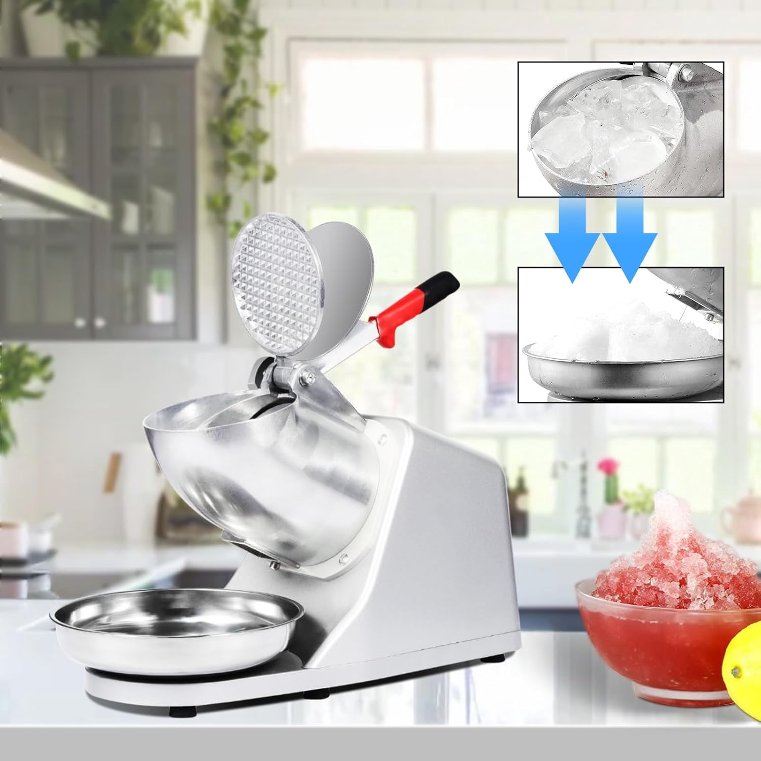Electric Shaved Ice Machine, Ice Crusher Shaver with 2 Blades, Snow Cone Machine for Home Kitchen or Commercial Use, Featuring Dual Splash Prevention High Speed
