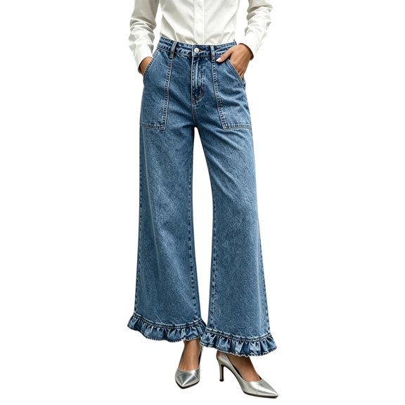 Womens Casual Lace Trim Loose Straight Leg Jeans High Waisted Denim Pants Wide Leg Full Length Everyday Style, Light Blue-XL