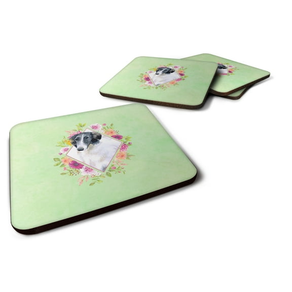 Carolines Treasures CK4282FC Borzoi Green Flowers Foam Coaster Set of 4 3 1/2 x 3 1/2 multicolor
