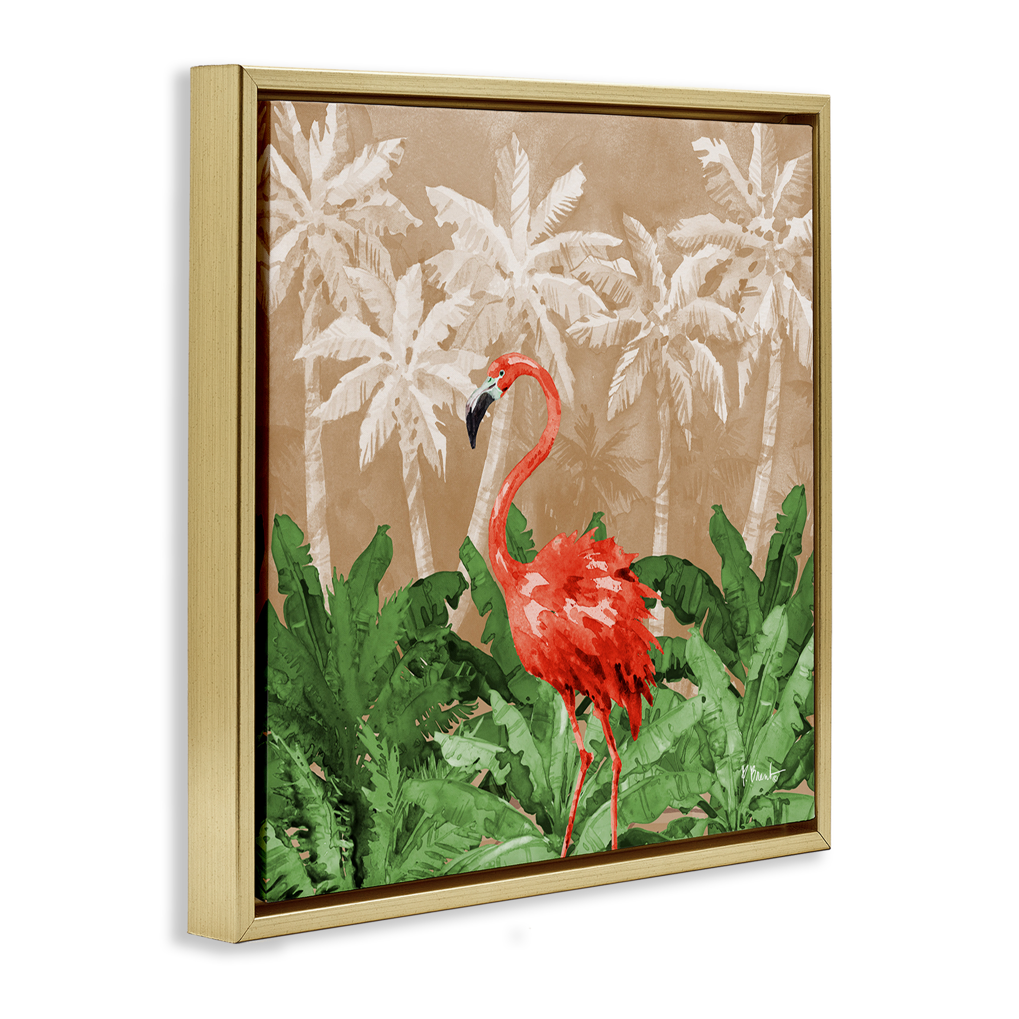 Stupell Industries Flamingo Jungle Scenery Animals & Insects Painting Gold Floater Framed Canvas Art Print Wall Art, 18 x 18