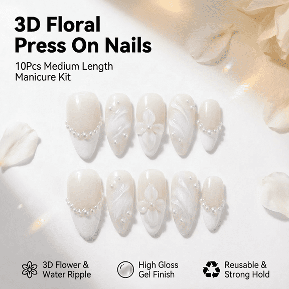 3D Flower And Water Ripple Nail Decoration White Nude Color French Manual Nails 100% Handmade