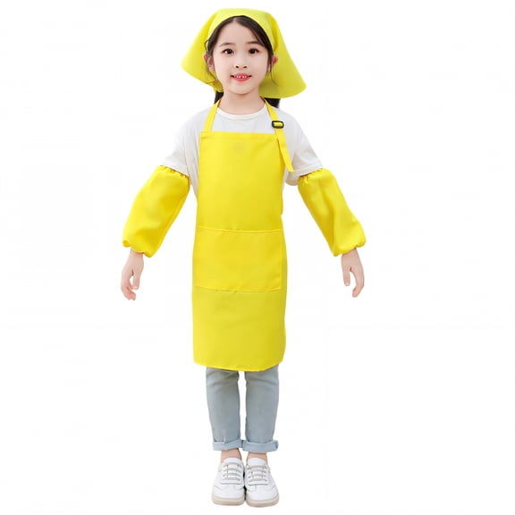 AUQ Kids Chef Hat and Apron,Polyester Fabric Panel Kids Aprons for Cooking,Slim-Fit Silhouette Apron with Pockets,Yellow