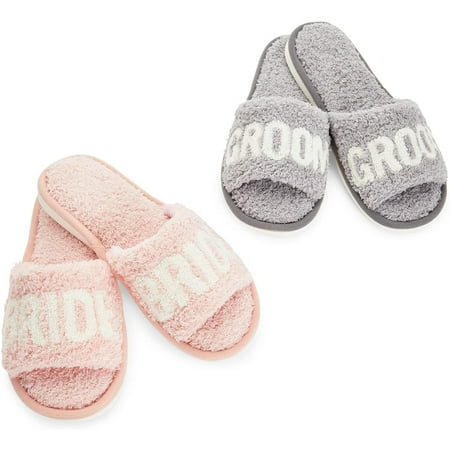 

2 Pairs Fuzzy Slide Slippers for Men & Women Soft Terry Cloth House Slippers Bride & Groom Wedding Couple Gift Pink & Gray