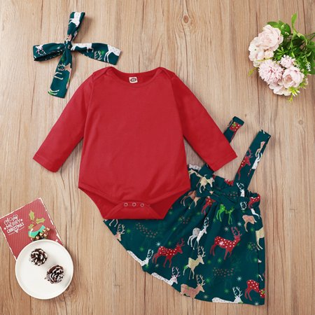 

CHGBMOK Early Access Deals Infant Baby Girls First Christmas Outfits Solid Romper+ Deer Suspender Skirts+Headbands 3PC Sets Christmas Gift