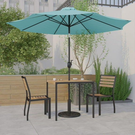 Emma   Oliver 5 Piece Patio Table Set - 2 Synthetic Faux Teak Stackable Chairs - 35" Square Faux Teak Table - Teal Umbrella with Base