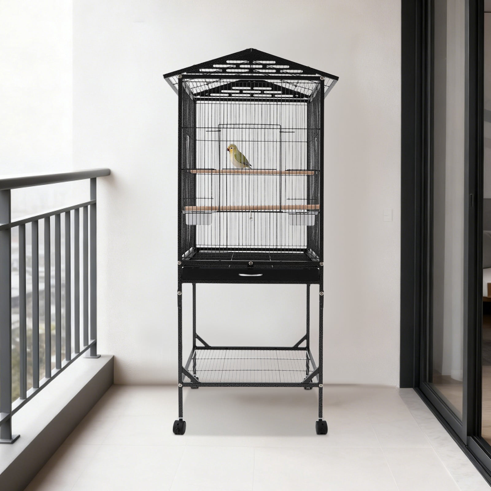 Metal Bird Cage, Bird Cage with Play Open Top, Bird Cage with Wheels for Homes, Living Rooms, Balconies, Pet Shops, and More (18.11*18.11*49.21in) (Black)