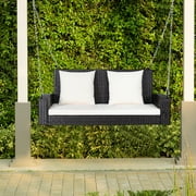 Topbuy Outdoor Wicker Porch Swing Bench 2-Person Patio Rattan Swing Chair W/ Soft Cushions White
