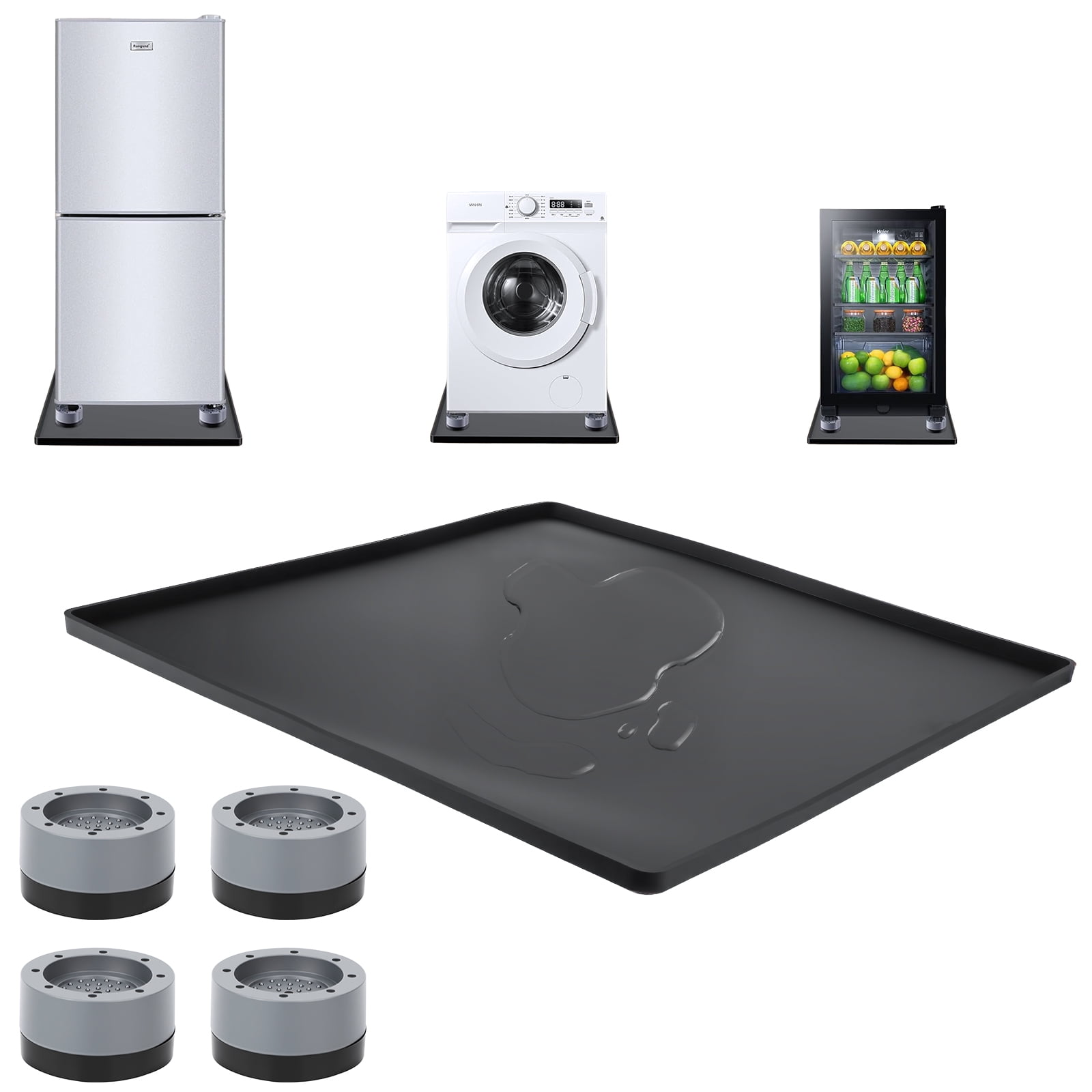 Silicone Refrigerator Mat 60x60x1.5cm with 4 Base Raisers,Washable Under Refrigerator Mat,Non-Slip Floor Protector,Spill-Proof Fridge Tray,Durable Multifunctional Mat for Dryer Mini Fridge.