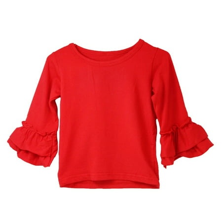 Girls Red Double Tier Ruffle Sleeved Cotton Spandex Top