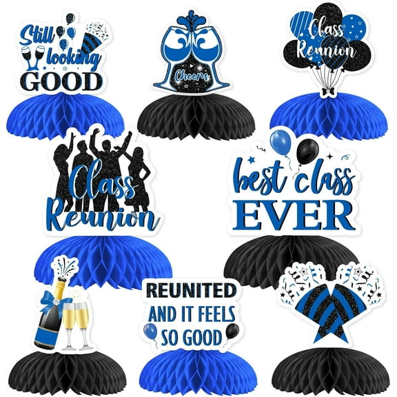 JOYMEMO 8Pcs Class Reunion Honeycomb Centerpieces Decorations Blue - Best Class Ever Table Topper, Double Sided Welcome Back Table Decor for High School Reunion 20th 30th 40th 50th