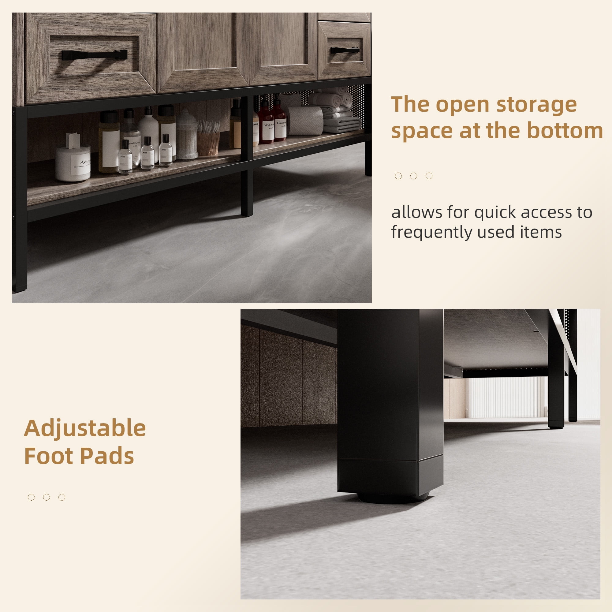 48 Inch Bathroom Vanity with Double Sink, Freestanding Cabinet with Open Shelves and 6 Storage Drawers, Modern Iron Wood Cabinet with Countertop Tempered Glass Vessel(Ship in 2 Boxes)