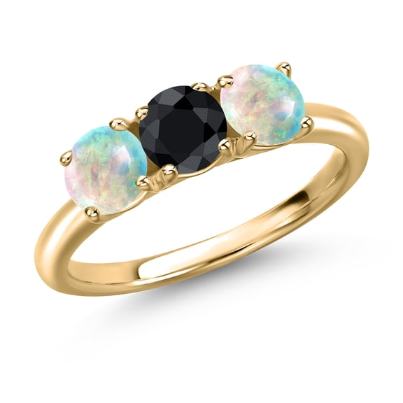 Gem Stone King 10K Yellow Gold Black Sapphire and Simulated White Opal Engagement Ring for Women | 1.69 Cttw | Round 5MM | Gemstone September Birthstone | Size 5