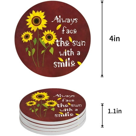 

ZHANZZK Sunflower Always Face The Sun With A Smile Red Set of 4 Round Coaster for Drinks Absorbent Ceramic Stone Coasters Cup Mat with Cork Base for Home Kitchen Room Coffee Table Bar Decor