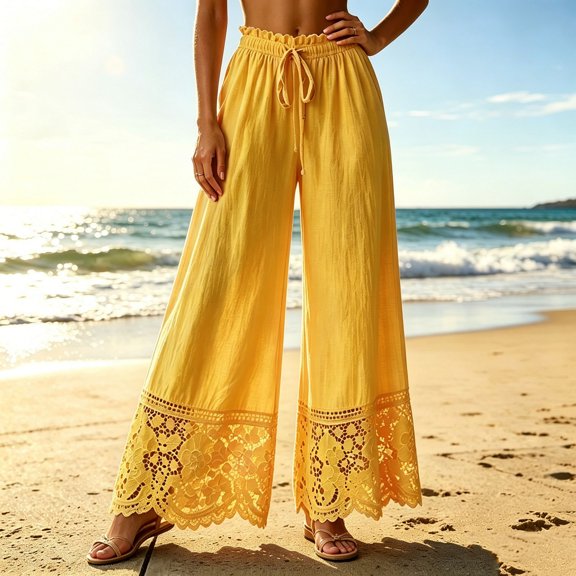 Maqroz Beach Pants for Women Boho Lace Trim Trousers High Waisted Drawstring Flowy Wide Leg Casual Summer Holiday Vacation Outfits