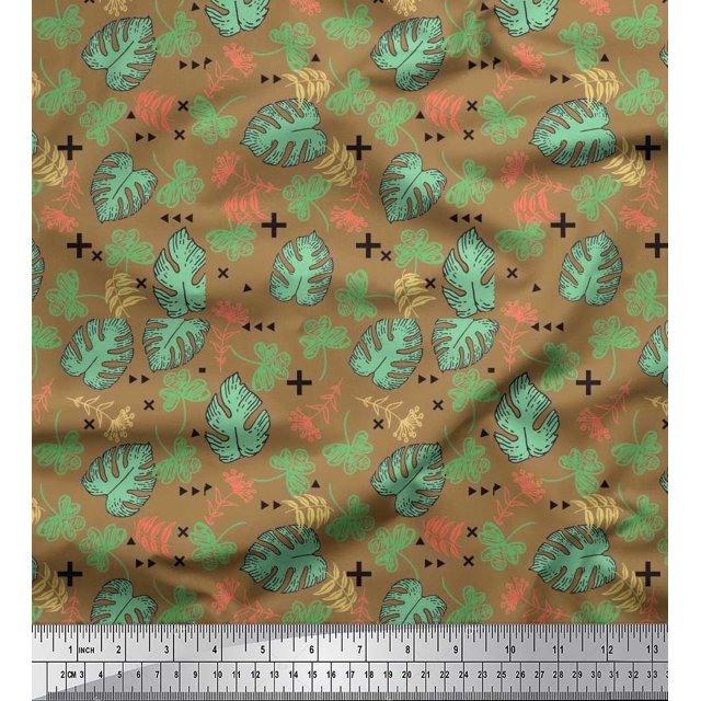 Soimoi Rayon Fabric Geometric Sign,Clover & Monstera Leaves Print Fabric by The Yard 56 Inch Wide