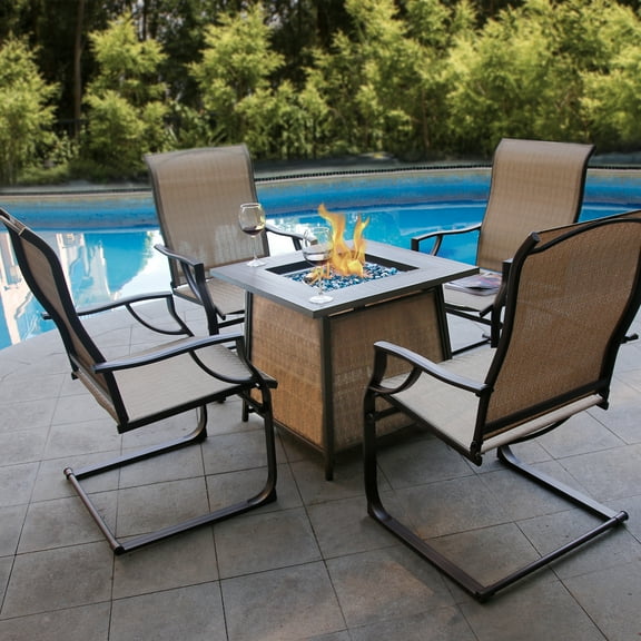 Bali Outdoors 28'' Gas Fire Pit Table with 4 Dining Chairs, Textilene / Brown