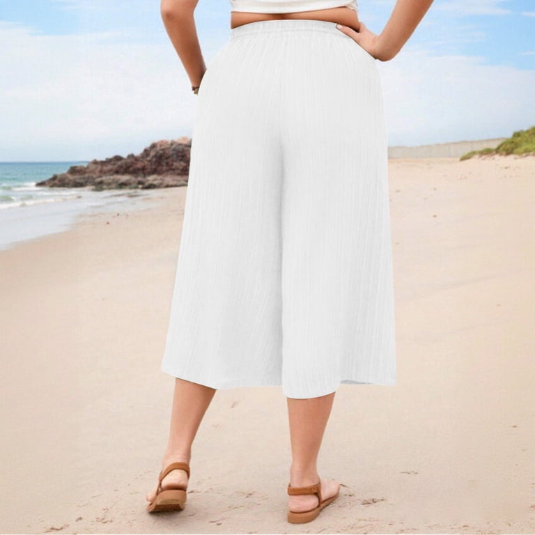 Ayolanni Pleated Capri Pants for Women White Drawstring High Waist