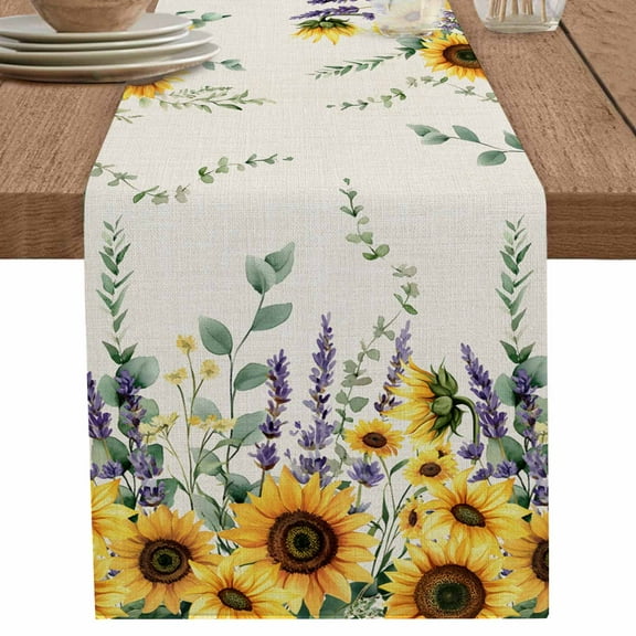 Sunflower Eucalyptus Table Runner 108 Inches Long for Dining Table Decor,Yellow Sage Green Country Lavender Burlap Linen Farmhouse Table Runner Coffee Table Runners Dresser for Kitchen Party Holiday
