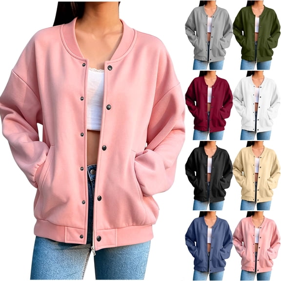 Otntypg Women's Baseball Varsity Jacket Casual Fall Snap Button Down Cardigan Outwear Coat Lightweight Fashion School Bomber Jacket with Pockets