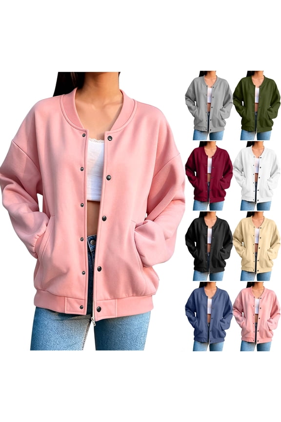 Women's Baseball Varsity Jacket Casual Fall Snap Button Down Cardigan Outwear Coat Lightweight Fashion School Bomber Jacket with Pockets