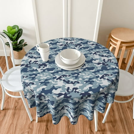 

TEQUAN 60 Round Tablecloth Geometric Blue Camouflage Pattern Washable Polyester Table Cloth Waterproof Wrinkle Resistant Decorative Table Cover