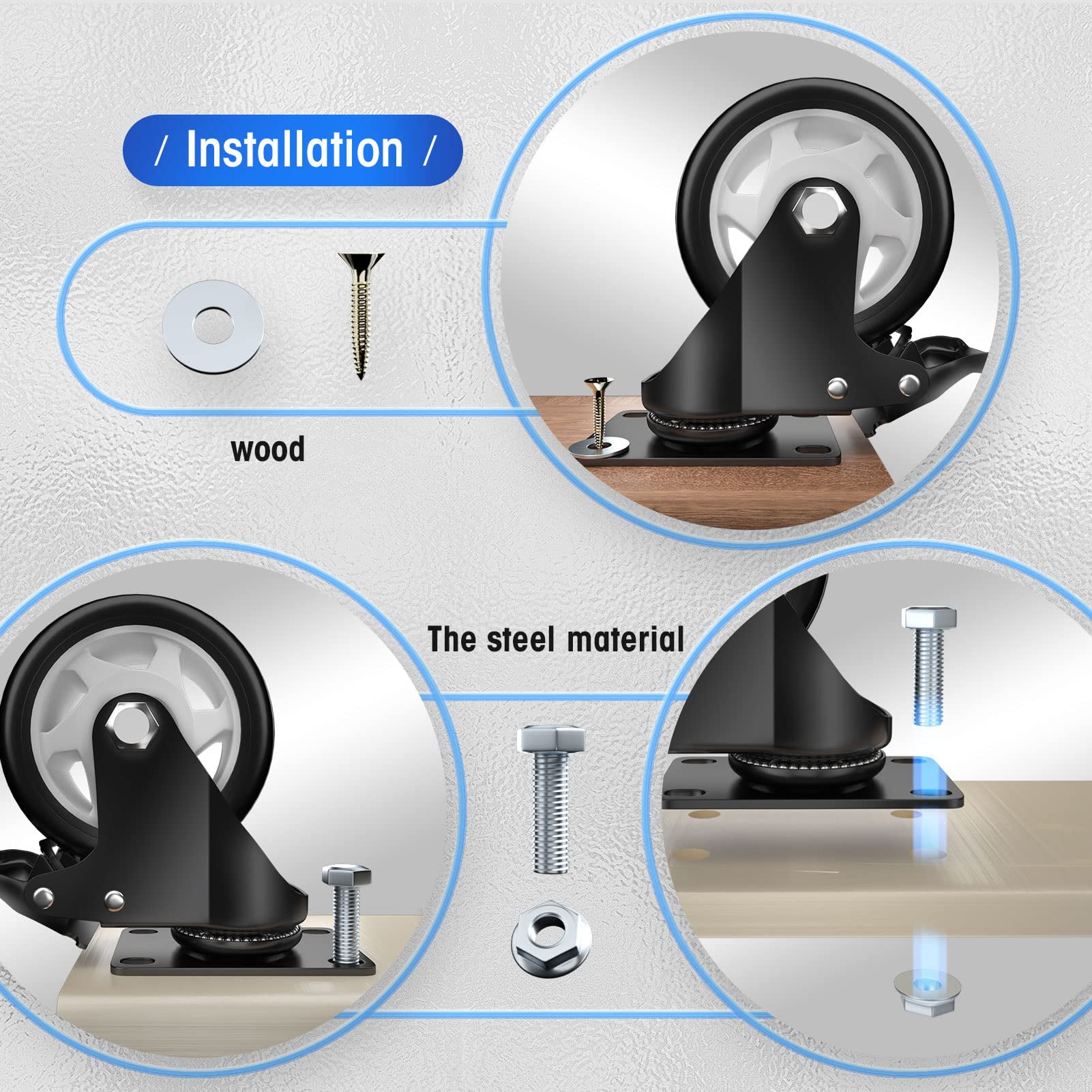 ASHGOOB Caster Wheels, 4 Inch Casters Set of 4 Heavy Duty - Black Polyurethane Castors, Top Plate Swivel Wheels, 4-Pack Industrial Casters with Brake, Locking Casters for Furniture and Workbench