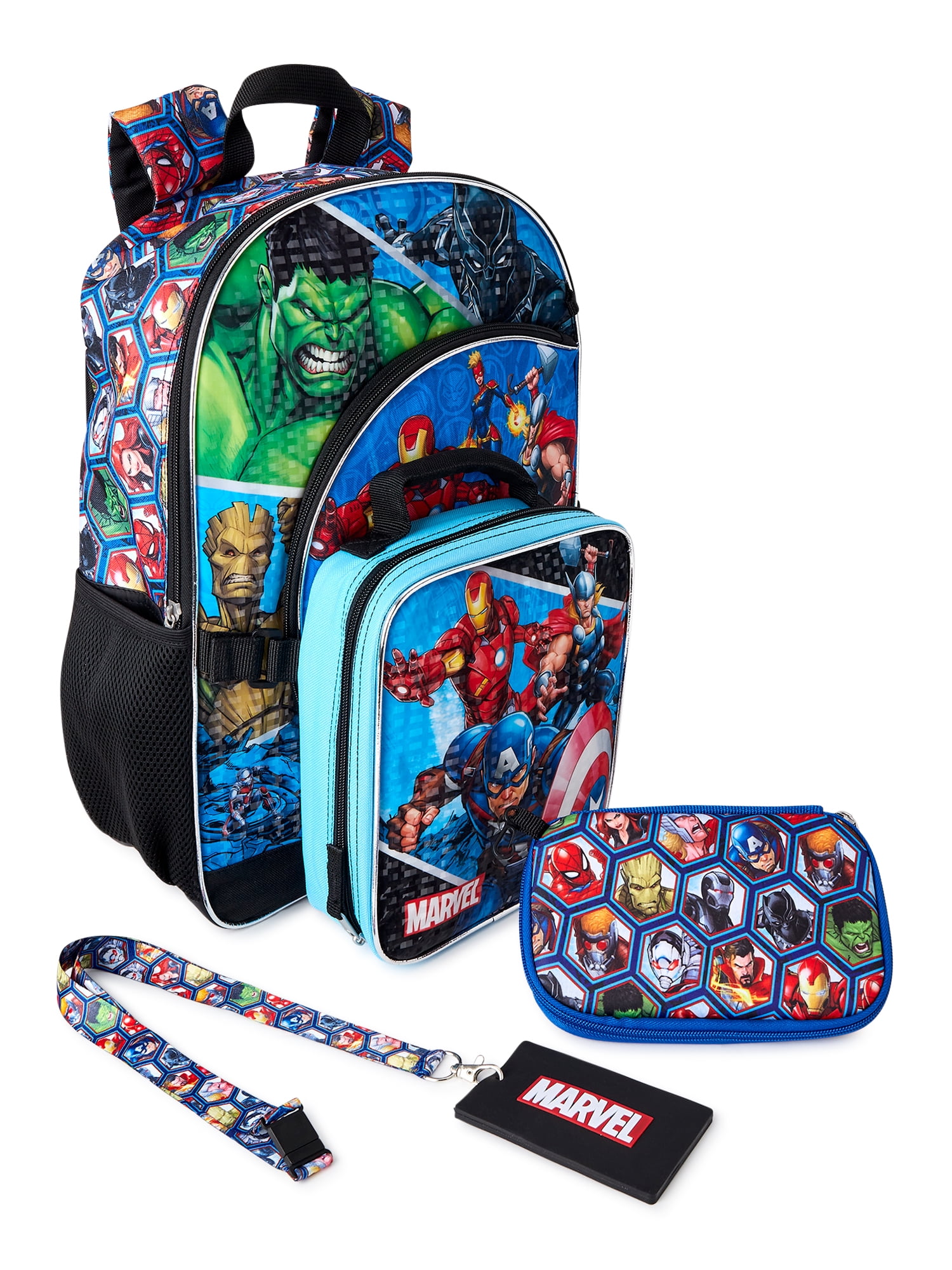 Marvel Avengers Universe Boys Backpack with Lunch Bag, 4-Piece Set Blue Black