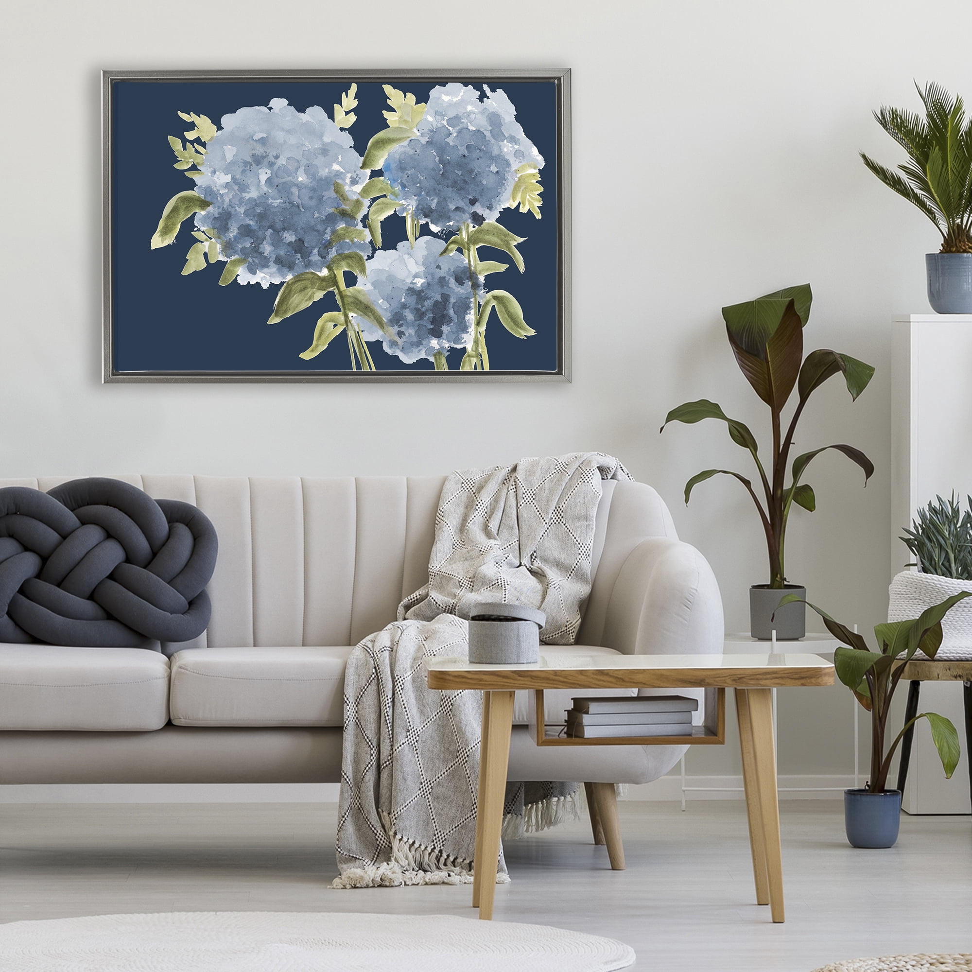 Stupell Industries Blue Hydrangeas on Indigo Gray Framed Floater Canvas Wall Art, design by Janice Gaynor