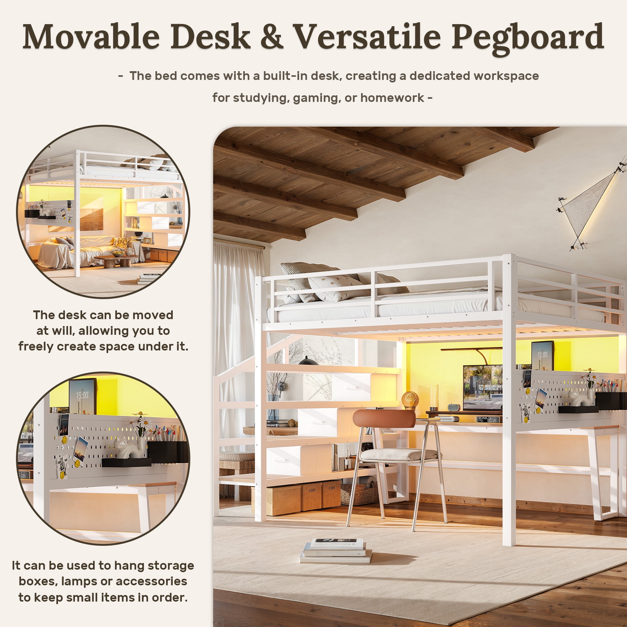 Leumius Queen Size Loft Bed with Storage Stairs and Movable Desk with USB,Metal Loft Bed Frame with 3 Fabric Drawers and LED, Full-Length Guardrail and Pegboard,Antique White