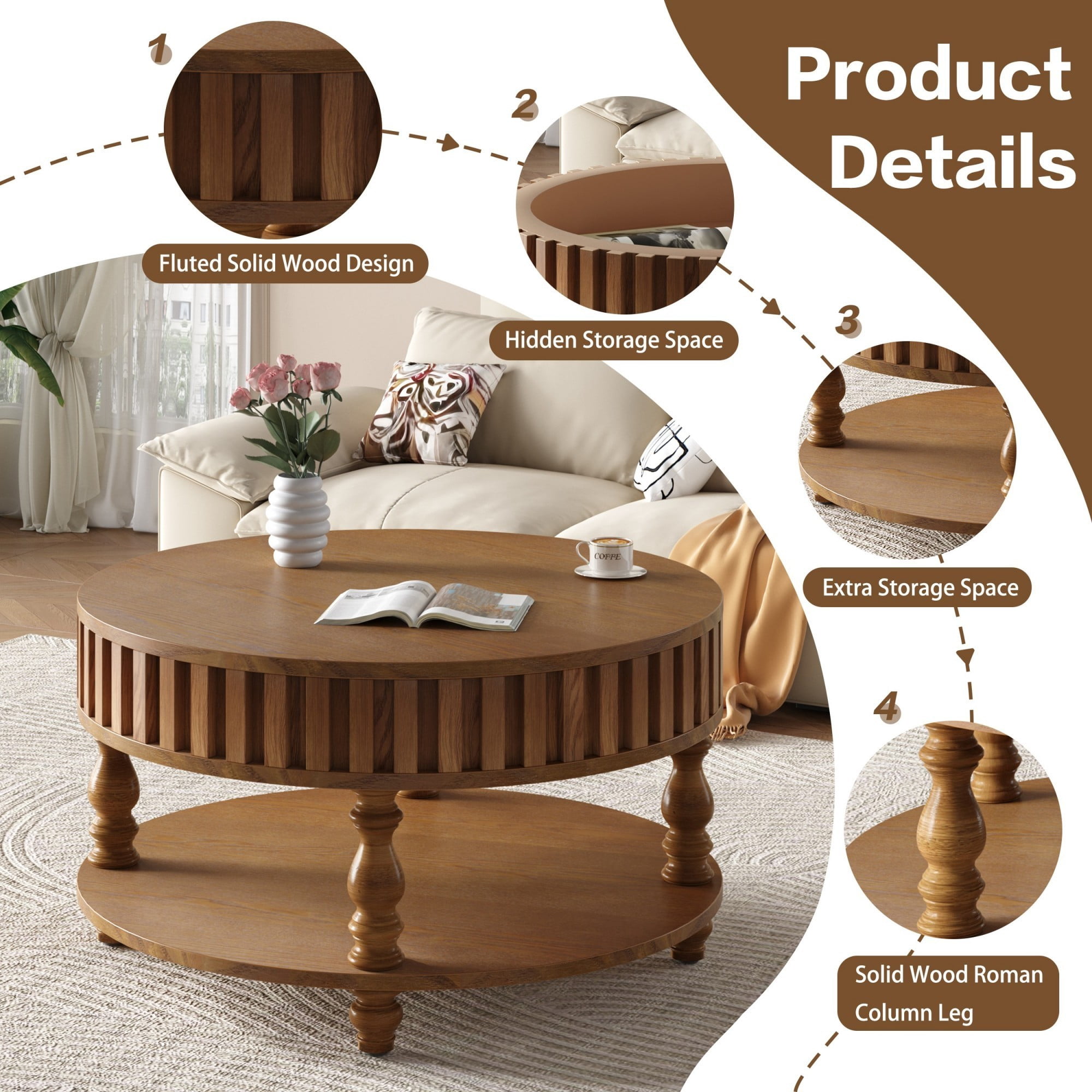 Fluted Coffee Table with Storage, 31.5" Round Coffee Table with Flip Top Lid and Shelf, Mid Century Modern Center Table for Living Room, Walnut