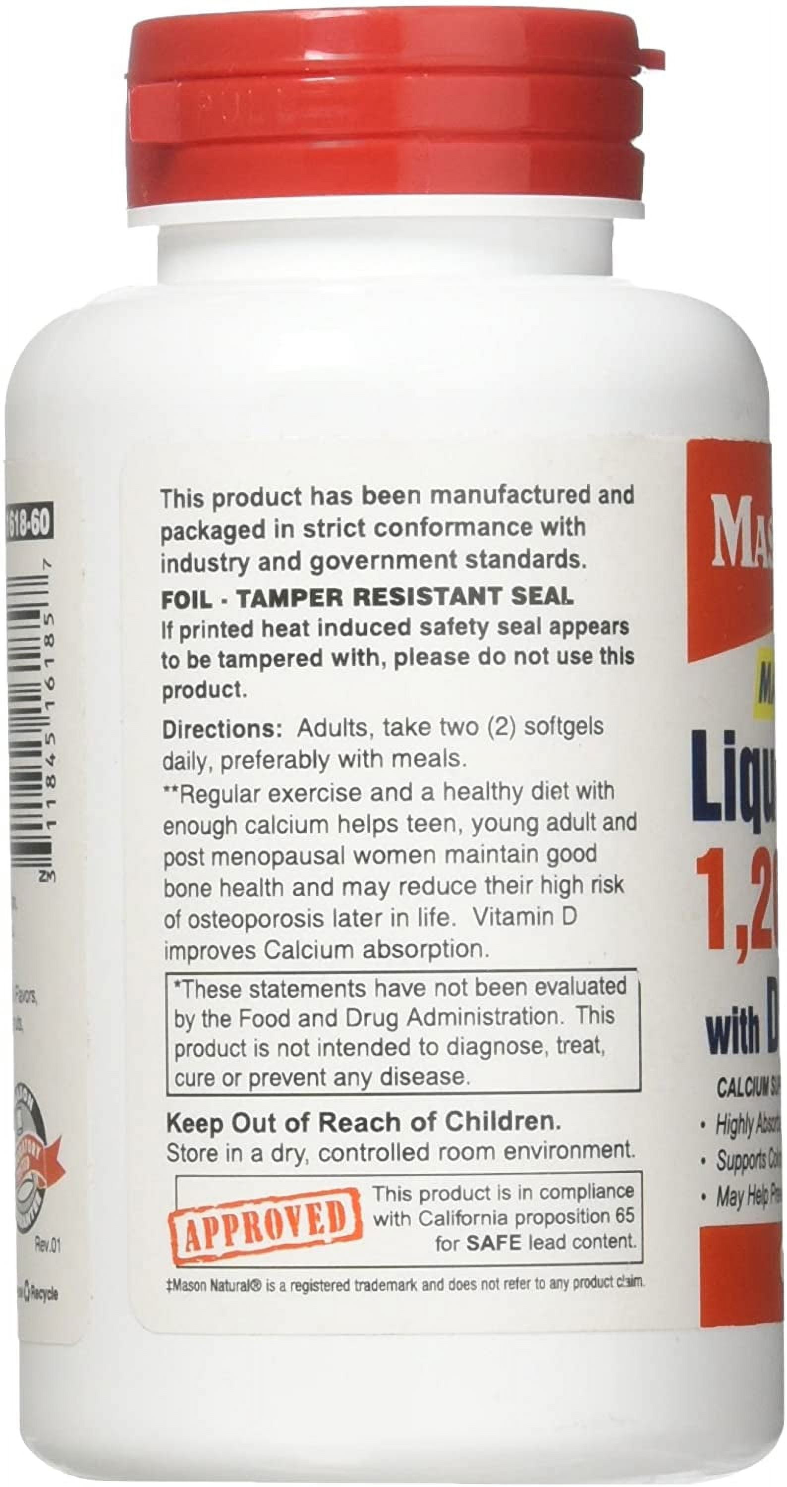 Mason Natural Liquid Calcium 1200 mg with D3 2000 IU Softgels 60 Ea (Pack of 6)