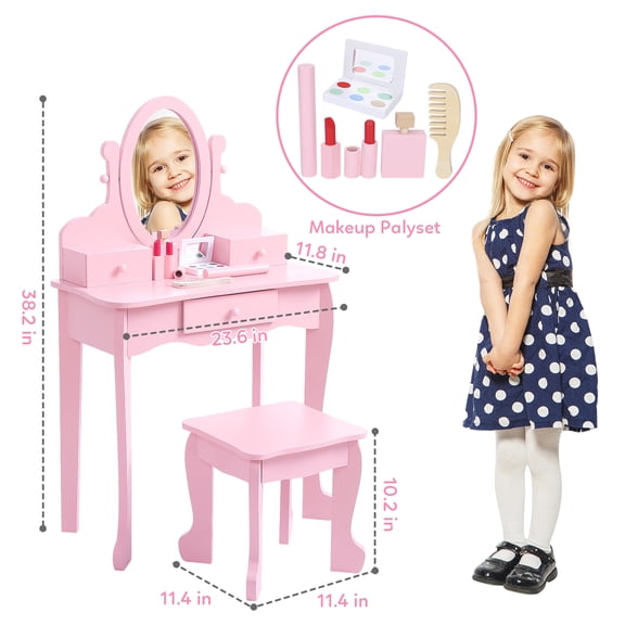 Kids Wooden Vanity Set with Mirror & Drawer - Makeup Table and Stool for Little Girls - Pretend Dress-Up Furniture - Ideal for Bedroom - Pink, Without Light