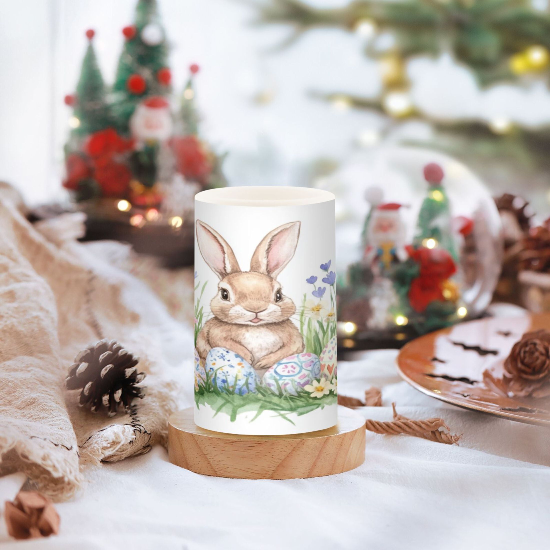 2 PCS Flameless Candles with Remote Timer LED Battery Operated Flickering Candle Light for Wedding Table Home Decoration Gifts Watercolor Easter Bunny Pattern