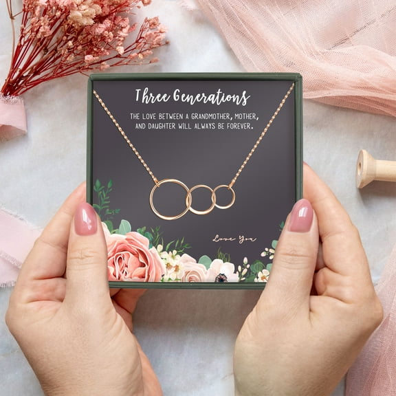 Gifts for Grandma, Mom, Granddaughter, Grandmother, Daughter, Mothers Day, Birthday, Rose Gold 3 Interlocking Circles Jewelry with Gift Box [Rose Gold Triple Infinity Rings, No-Personalized Card]