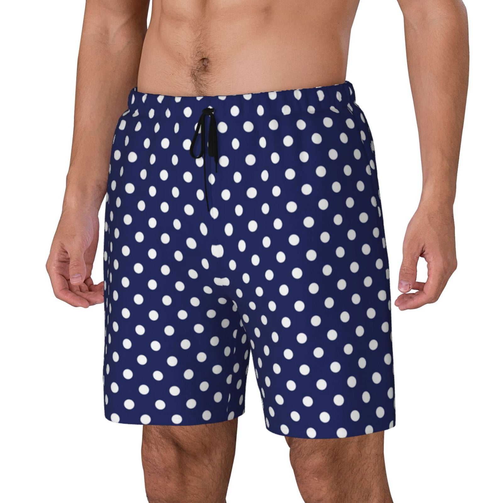 Men's Deep Blue And White Dots Swim Trunks with Compression Liner Bathing Suit Swimwear