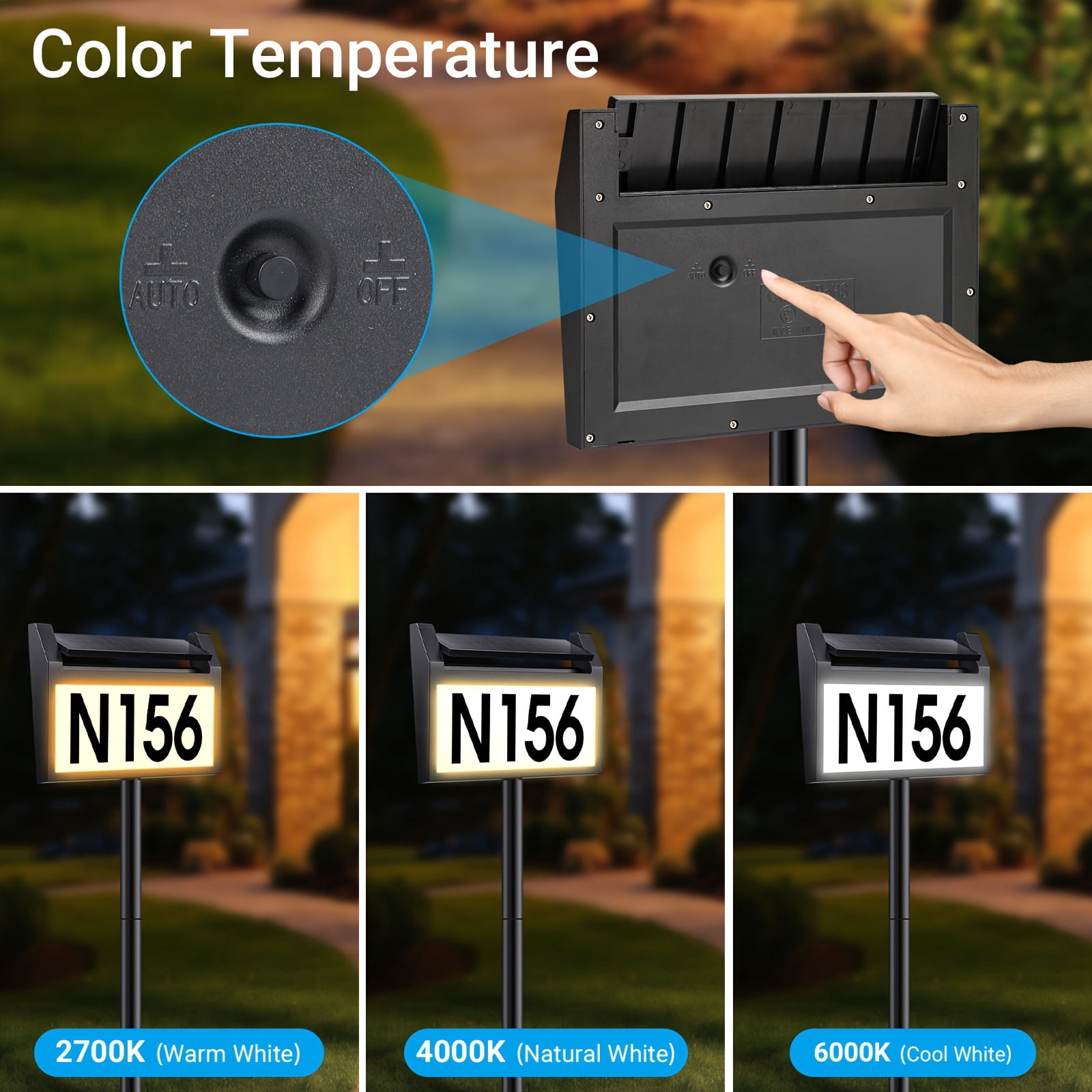 DEERDANCE Solar Address Sign Lighted House Numbers Waterproof, Solar Powered LED Illuminated Address Plaques with Stakes, 3-Color in 1 Address Number