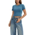 thumbnail image 2 of INSPIRE CHIC Womens Summer Basic Tees Crop Tops Short Sleeve Seamed Crewneck Tight Tops Workout Y2k T Shirts M Blue, 2 of 5