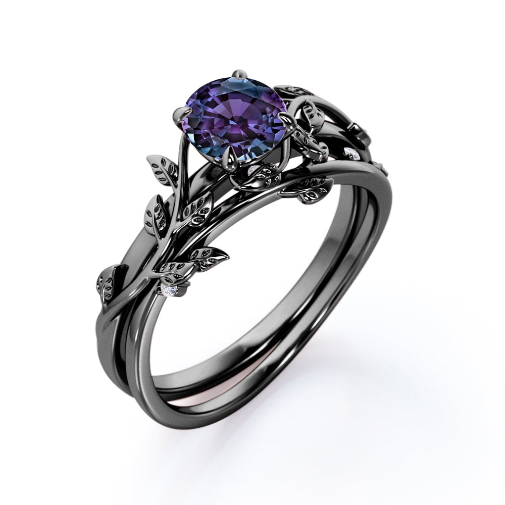 JeenMata 0.50 Carat - Round Cut Lab Created Alexandrite Ring Set - Leaf & Vine Wedding Ring Set - 18K Black Gold Plating Over Silver