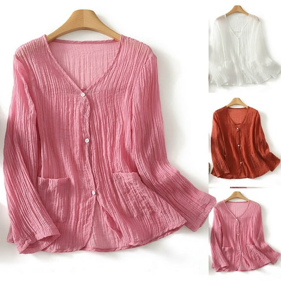 Ashirexll Womens Long Sleeve Tops, Shirts for Women Trendy, Ladies' Fall Solid Color Shirts with Pockets Casual Button Long Sleeve V-Neck Tops