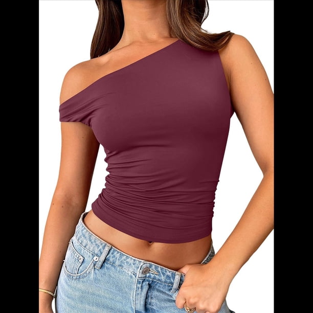 Tops de Verano con Hombros Descubiertos para Mujer, Camisetas para Salir, Top Corto Sin Mangas, Ropa de Moda, Conjuntos de 2025 Vino Tinto XL