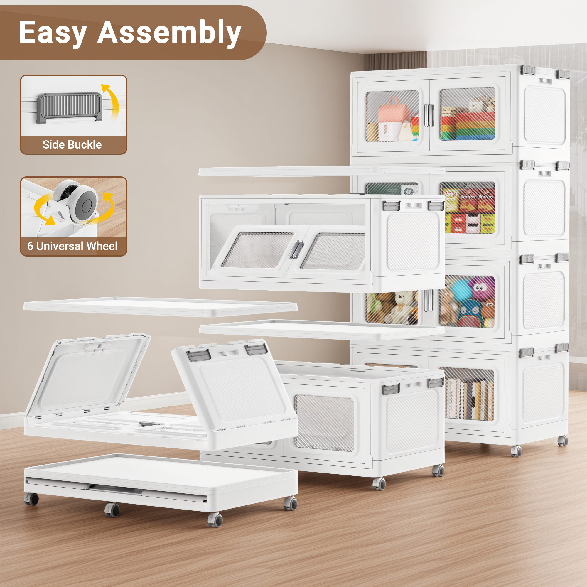 660Qt Extra Large Stackable Storage Bins with Lid, 165Gal Collapsible Closet Organizer and Storage Drawers with Wheels, 3-Pack Totes for Storage Clearance, White