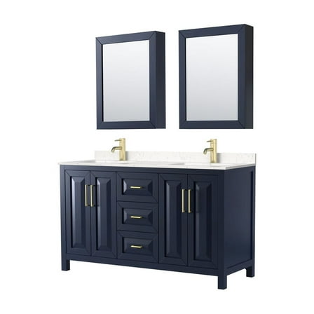 60" Double Vanity Set - Dark Blue & Carrara Marble - Undermount Sinks & Cabinets