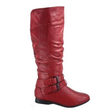 

Coco-20 Women s Fashion Buckles Low Heel Round Toe Zipper Knee High Riding Boots